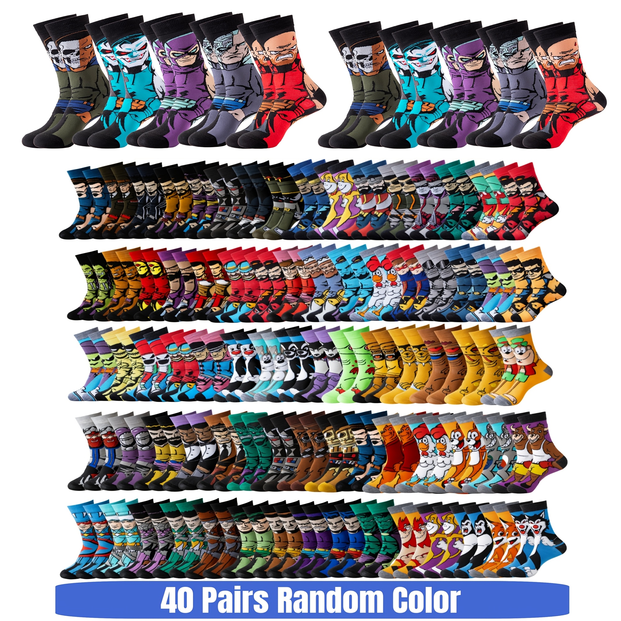 TEMU Random 40 Pairs Of Women's Fashionable Cartoon Pattern Round Neck Socks, Breathable And Comfortable Style Neutral Socks, Suitable For Men's