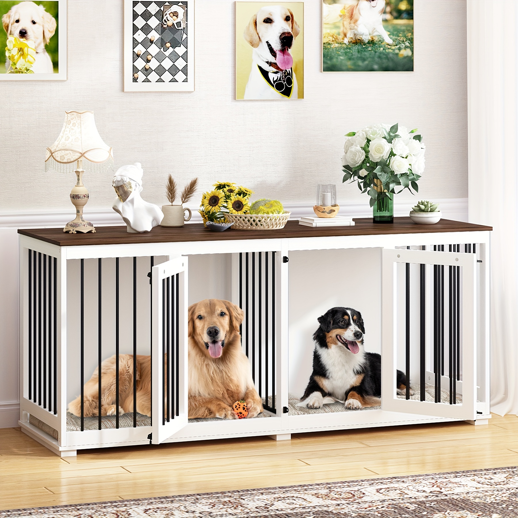 

Furniture Style Dog Crate With Double Room, Wooden Dog Kennel With Removable Divider For Small Medium Large X-large Dogs