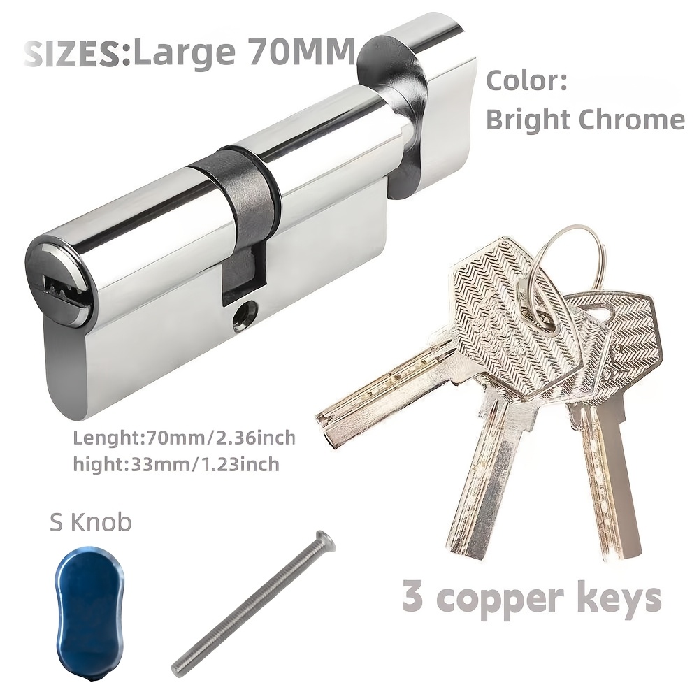1 Set European Standard Length 70mm Large Cylinder Size Knob Lock Cylinder, This Lock Cylinder With 3 Keys And Is Suitable For Security Doors, Office Doors, Doors, Interior Doors, And More