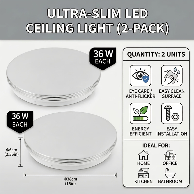 TEMU Set Of 2, 36w Round Led Ceiling Lights With Silver Edges, Ultra-thin Acrylic Lampshade, 6500k Cool White Light, Energy-saving, Eye-friendly,
