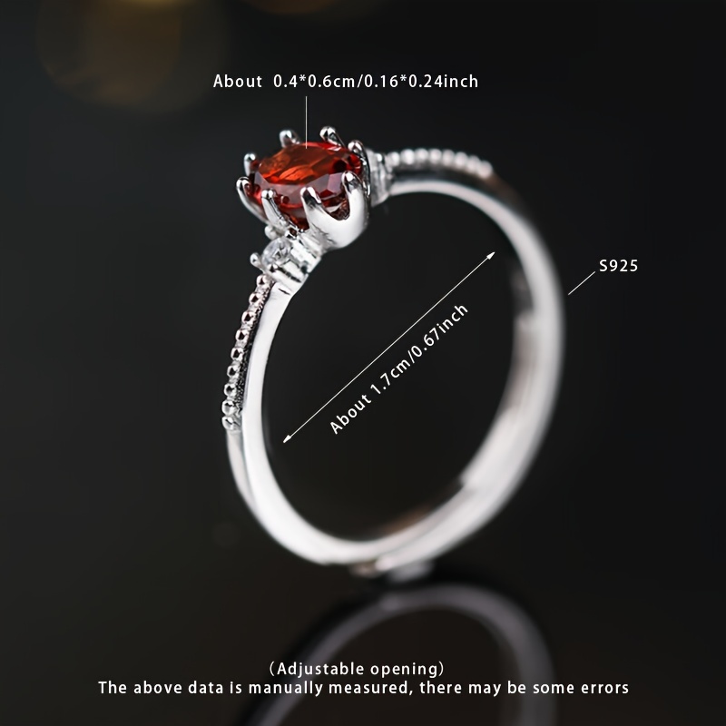 S925 Silver Garnet Open Ring, Adjustable Gift