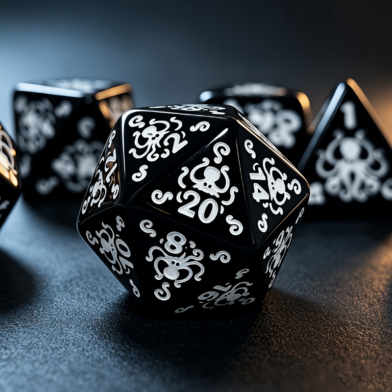Black Polyhedral Dice Set with Octopus Carved Pattern