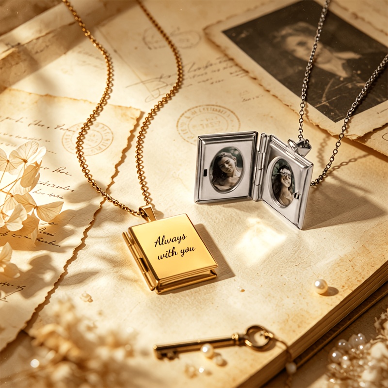 Personalized Stainless Steel Square Photo Locket Pendant Necklace