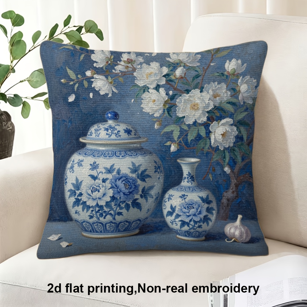 TEMU 2d Flat Printing, 1pc, Blue And White Porcelain Vases With Floral Patterns, Pillow Cover, Double-sided Printing, Polyester, Very Suitable For