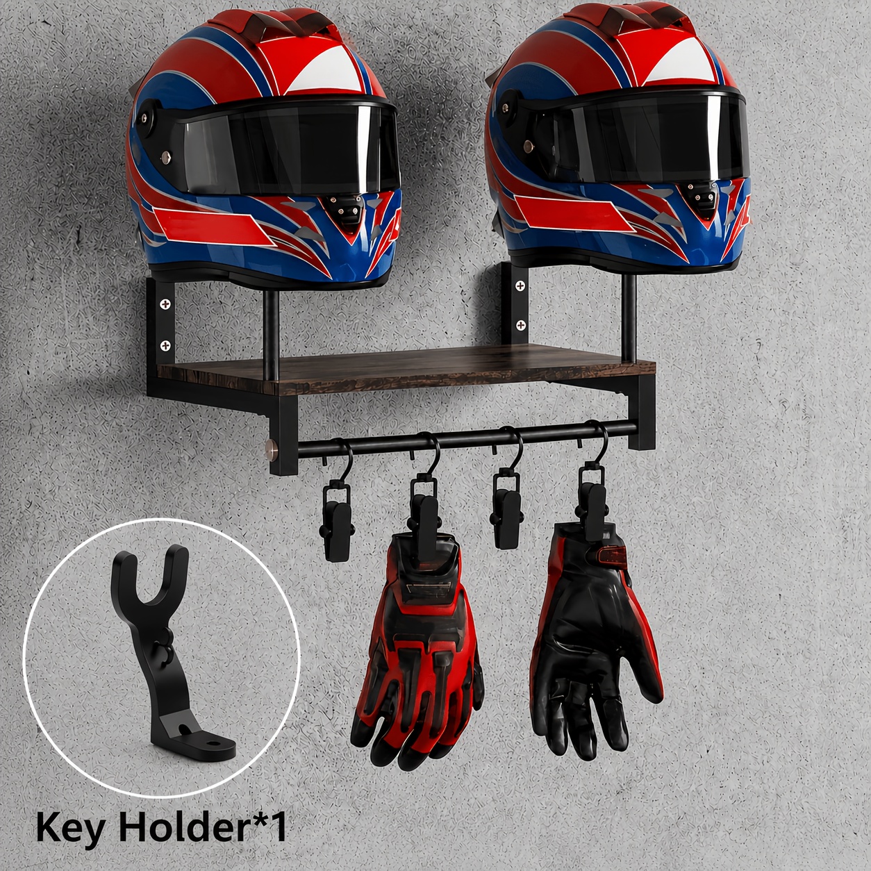 TEMU [wooden Display Rack] Durable Wooden Wall-mounted Motorcycle Helmet & Gear Display Rack With Key Holder*1 And Hooks