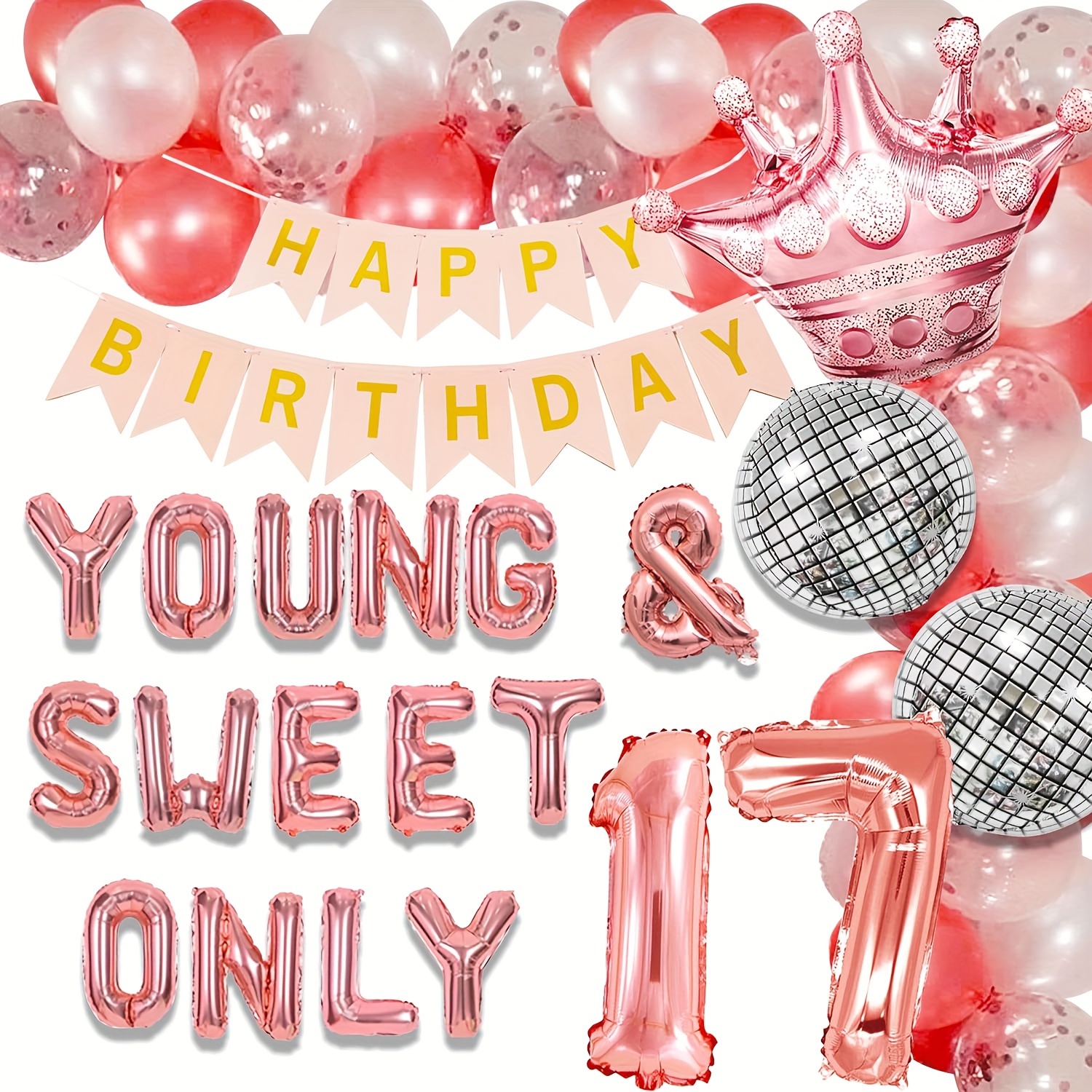 

41 Pcs Young And Sweet Only 17 Birthday Decoration Young And Sweet Only 17 Banner Dancing Queen 17 Decoration Disco Balloons Rose Gold Birthday Banner Crown Queen Balloons