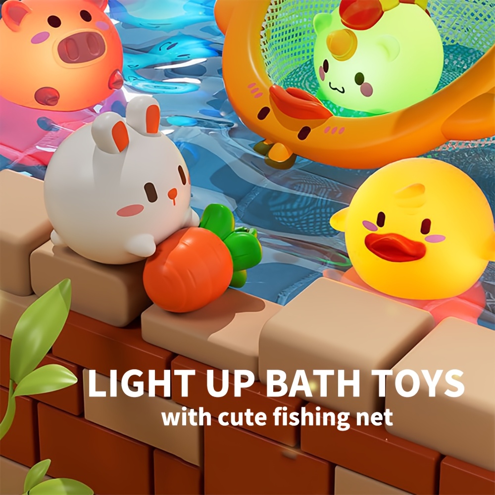 Light Up Bath Toys with Fishing Net - Flashing Colorful Animal Bath Toys, Battery-Powered Floating Rubber Sensory Toys for Toddlers, Baby Bathtime & Pool Party Gifts (Christmas, Easter) - Safe for Infants Boys & Girls, Baby Bath Accessories, Interactive Playtime, Playful Designs, Nontoxic Material, Holiday Presents