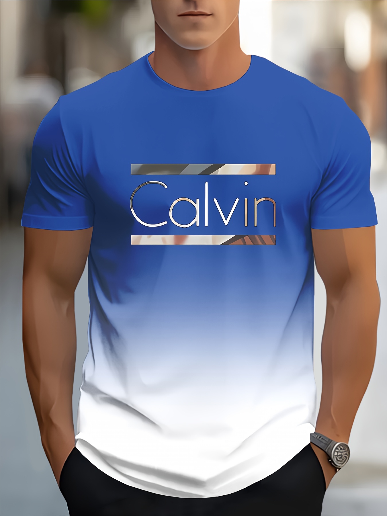 Men'S Casual Short Sleeve T-Shirt with Bold CALVIN Monogram Print - Blue & White Gradient Design, Regular Fit Round Neck, Machine Washable for Casual Attire, Summer Apparel, Modern Fashion, Comfortable Fabric, Graphic Tee, Streetwear Style