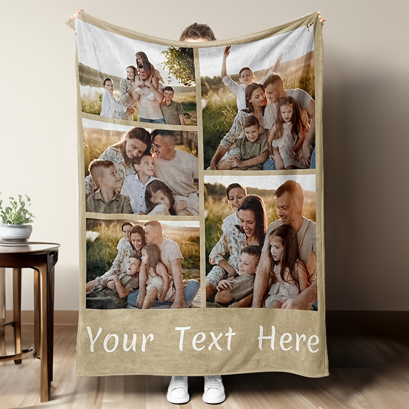 TEMU 1pc Personalized Customization With 5pcs Photos And Text Flannel Blanket Gift, Personalized 5pcs Photo Blankets, Custom Flannel Cover, Birthday