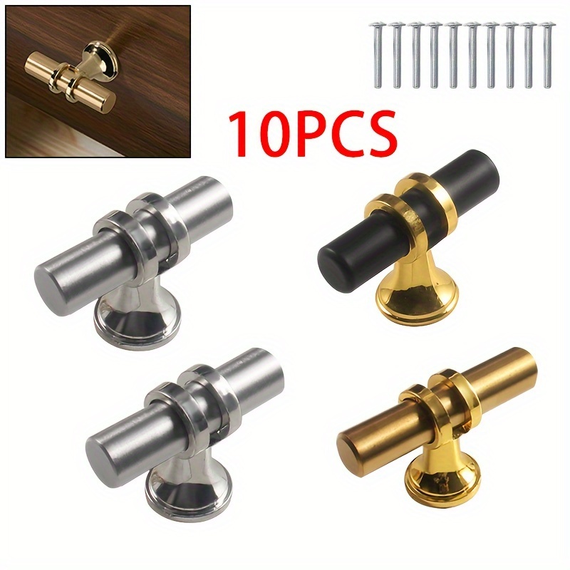 

10pcs Stainless Steel Pull Handles - Polished , T-type, Single Hole, In Black/golden/silvery, Metal Construction, Includes Installation Hardware, For Cabinets/drawers, Industrial