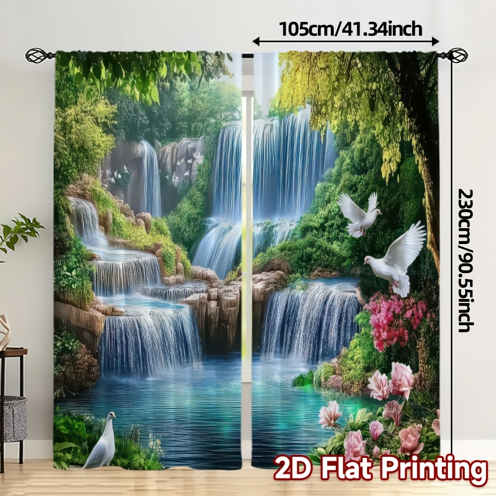 2d Flat - 2d Flat - 2d Flat - Set Of 2 Stunning Curtains Featuring A Forest Waterfall Scene, Perfect For Bedrooms, Bathrooms, Living Rooms, Dining Areas, Studies, And Offices
