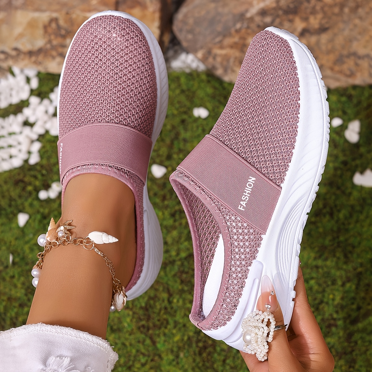 item picture White Plus-Size Women'S Lightweight Casual Sneakers, Easy Slip-On Shoes for Spring And Summer Beach Outdoor Vacations, Breathable Mesh Half- for Women., Women Shoes