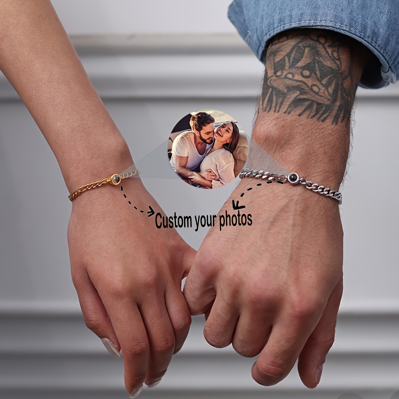 

2pcs Custom Photo Projection Bracelet Set - Personalized Stainless Steel Cuban Chain With Magnetic Clasp - Ideal For Couples, Anniversary, Valentine's, Father's Day & Birthday Gifts