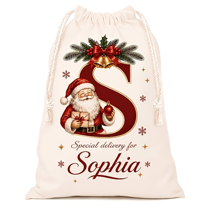 TEMU Personalized Christmas Gift Sack, Custom Name And A-z Initial Canvas Drawstring Bag, Holiday Reusable Gift Bag For Christmas Party And Gift