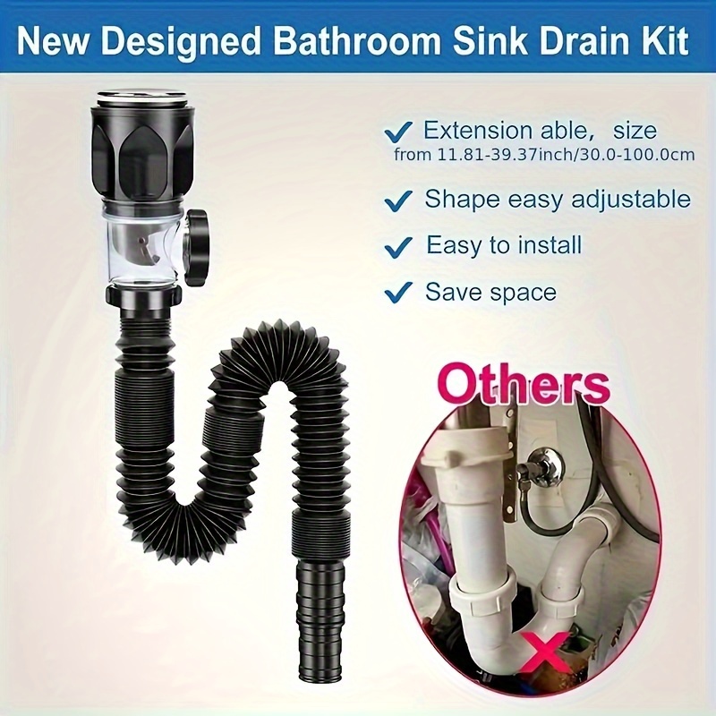 

1pc Stainless Steel Bathroom Sink Drain Kit, Flexible And Expandable P-trap Pipe, No-electricity, Space-saving, Easy Install, Odor-resistant For Kitchen And Bath Basin Setup