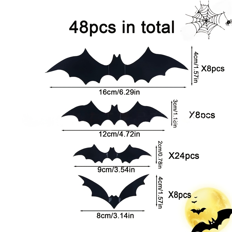TEMU Vleermuis Wanddecoratie, 48/72 stuks 3D Vleermuis Halloween Decoraties, 6 Verschillende Maten Zwarte Vleermuisstickers voor DIY Huisdecoratie,