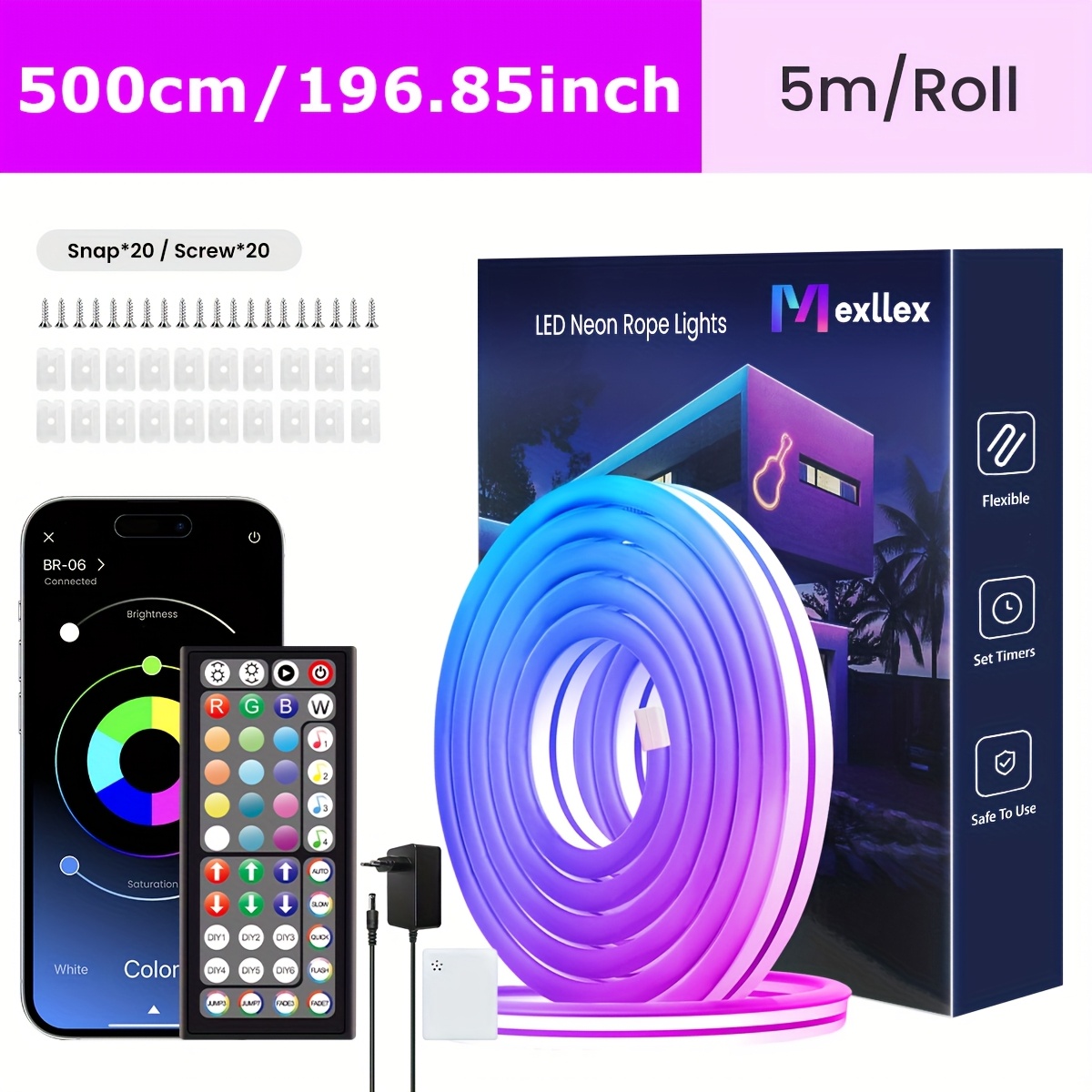 Mexllex Rgb Neon Light Strip With 44-key Remote Control, Connect With App, Ip"67" , Color And Brightness Adjustable, , Diy Function, Used For Bedroom, Living Room, Study, Gift, Etc