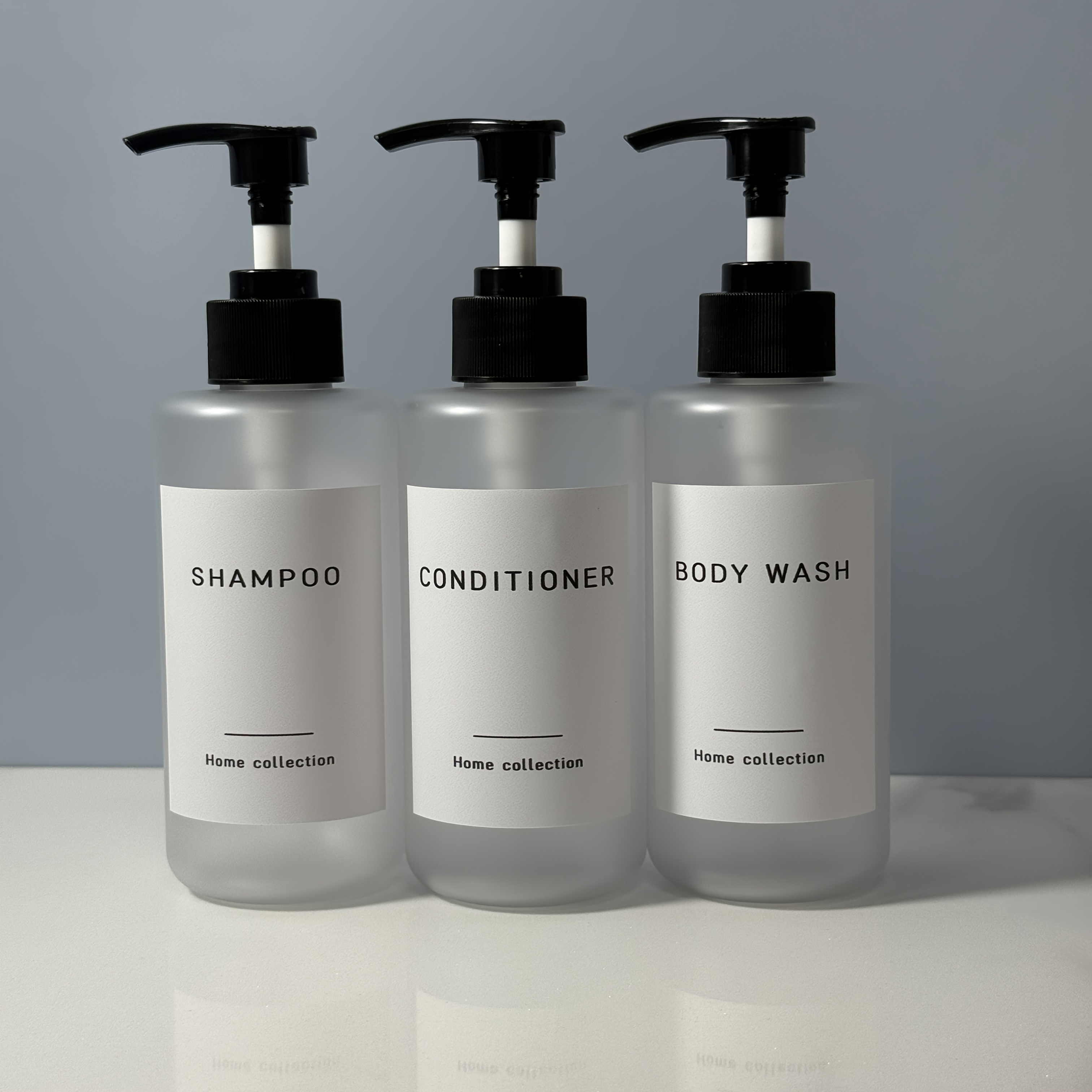 TEMU 3pcs 250ml Bathroom Dispenser Set - Reusable, Black Plastic Pump Bottles With Transparent Frosted Jars, Includes Waterproof Labels. Suitable For