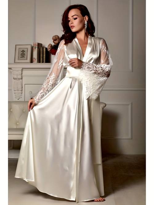 elegant womens lace casual robe with v neck floral lace sleeves like polyester nightwear for autumn winter lounging at home autumn nightwear loungewear polyester robe