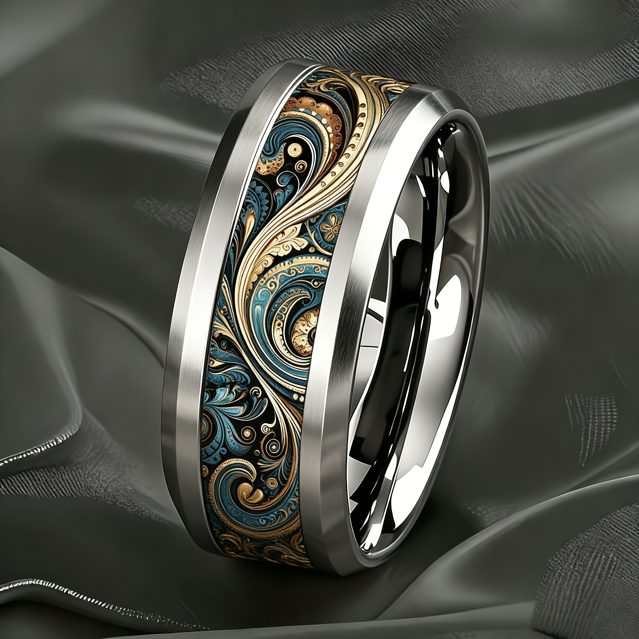 TEMU Vintage Baroque Style Unisex Ring, 304l Stainless Steel With Black, Golden, And Blue Contrasting Colors, Baroque Scroll Vine , Comfortable And ,