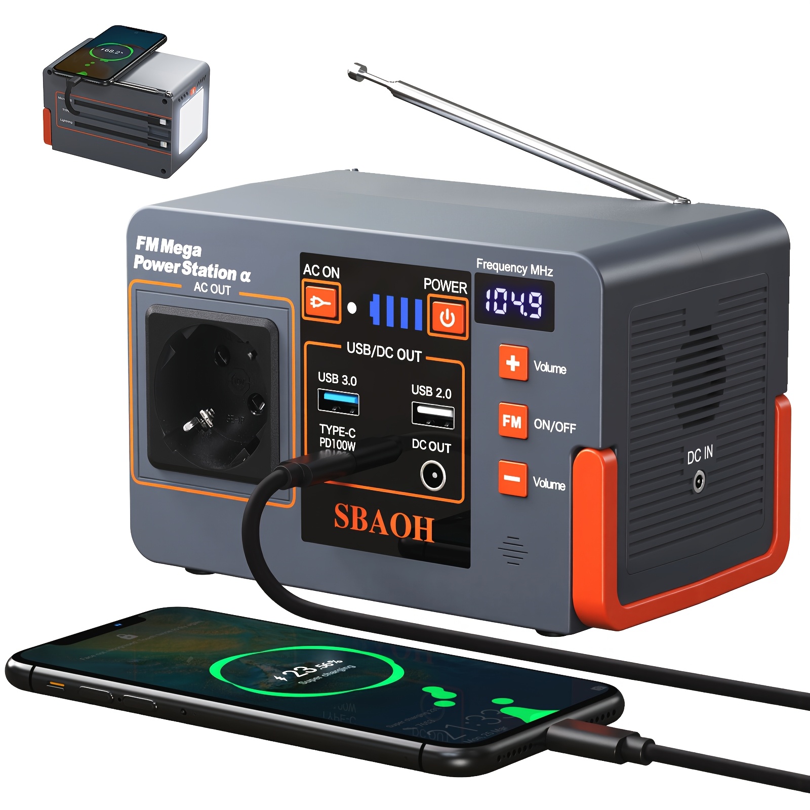Sbaoh 88.8wh Emergency Power Bank 24000mah Large Capacity Integrated Wireless Radio And Adjustable Led Light Portable Suitable For Outdoor Travel And Home Backup