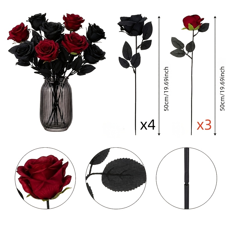 TEMU Bouquet de 7 roses artificielles de style gothique , décoration d'intérieur pour Halloween, fleurs artificielles roses noires et roses bordeaux,
