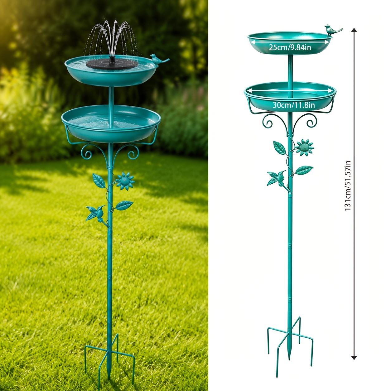 TEMU Heavy-duty Metal Double-layer Bird Bath Tub With Solar Water Fountain - Double-layer Large Capacity Water Collection Feeding Basin, 5-claw ,