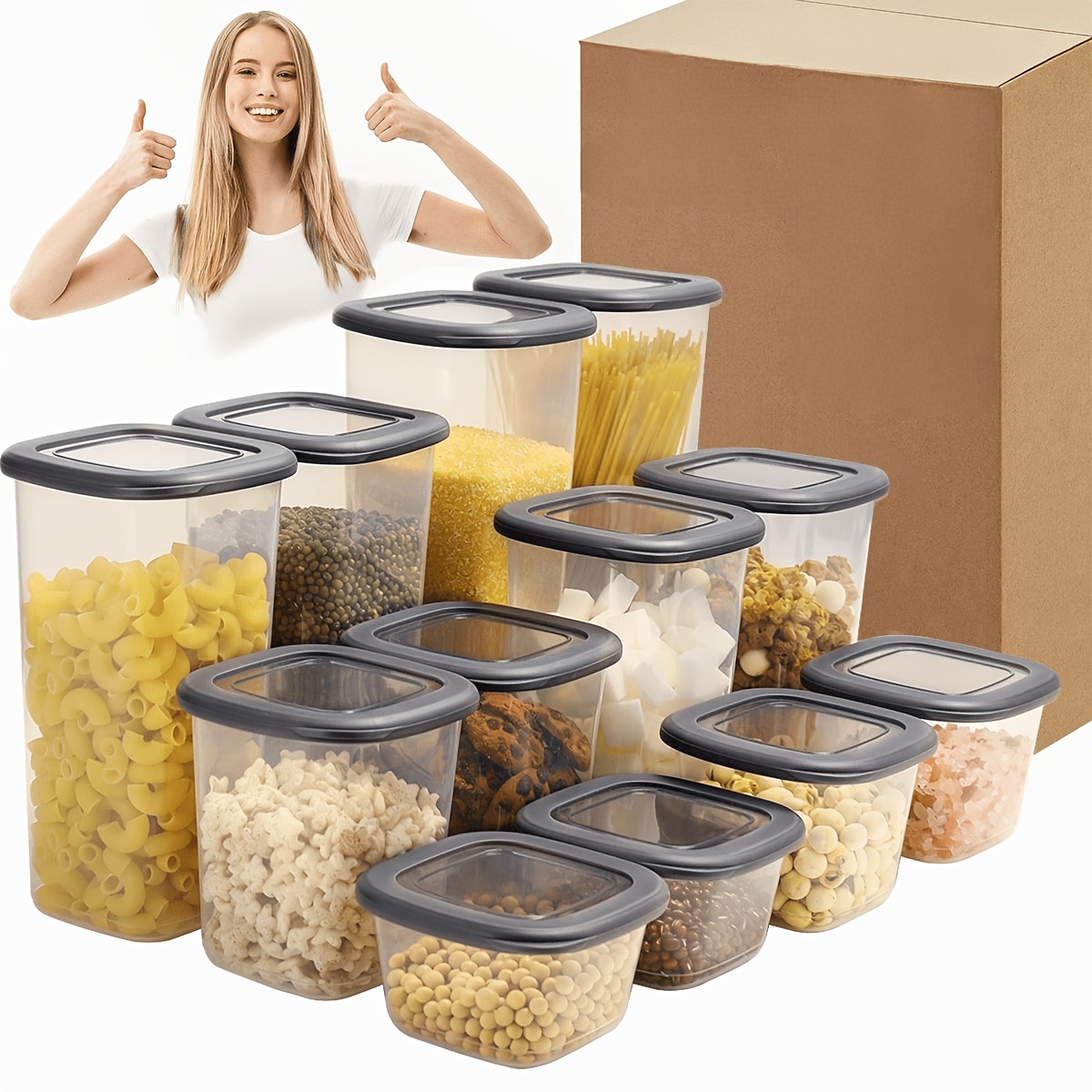 Image of Airtight Food Storage Containers With Lids, 12-pack Kitchen And Pantry Storage Jars, Suitable For Grains, Dried Foods, Flour And Sugar, With Gray Lids
