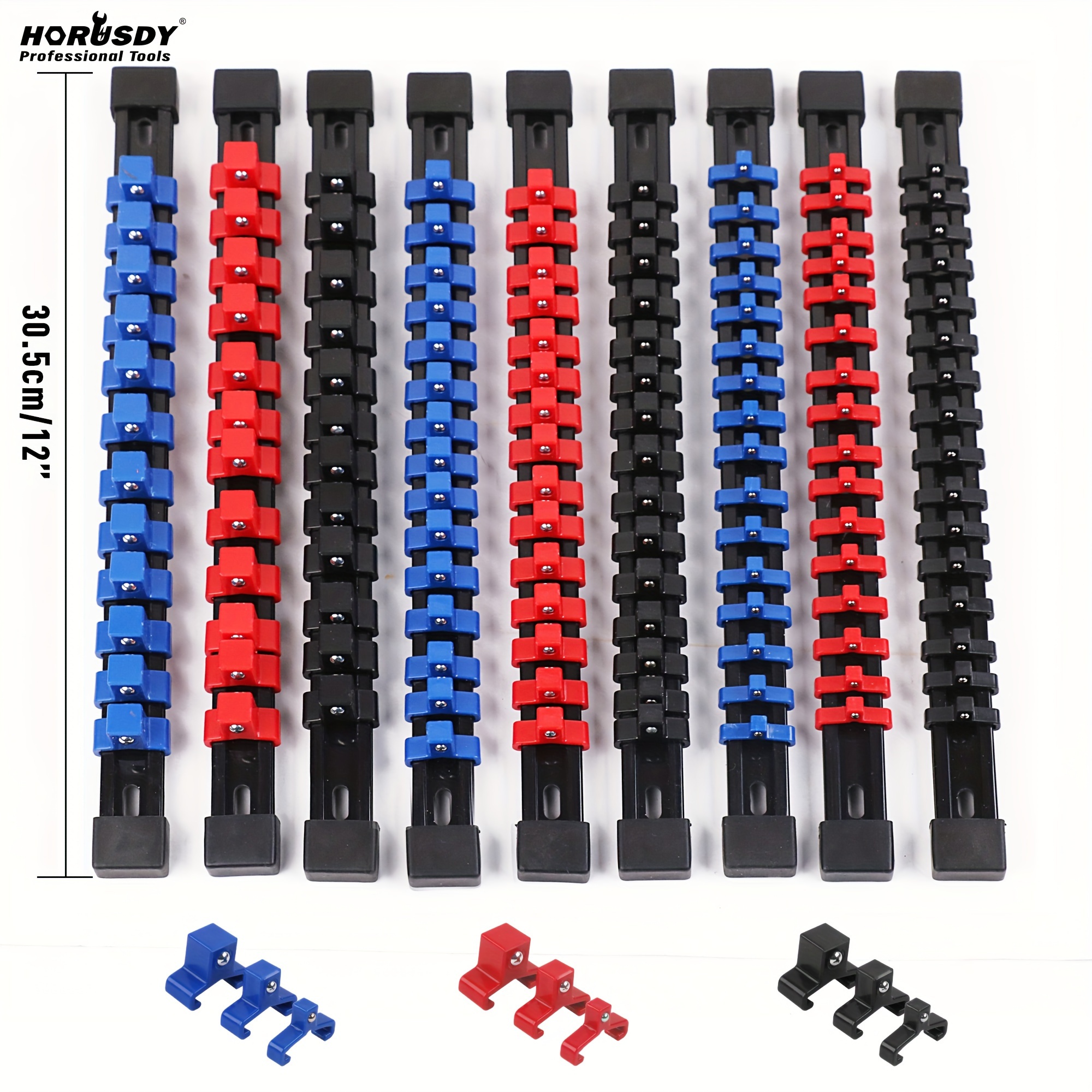 

Horusdy 9pc Abs Socket Organizer, 1/2 Inch, 3/8 Inch And 1/4 Inch Drive Socket Rail Holders, Heavy Duty Socket Racks, Black Rails With Red Blue Black Clips Included 9 Extra Clips