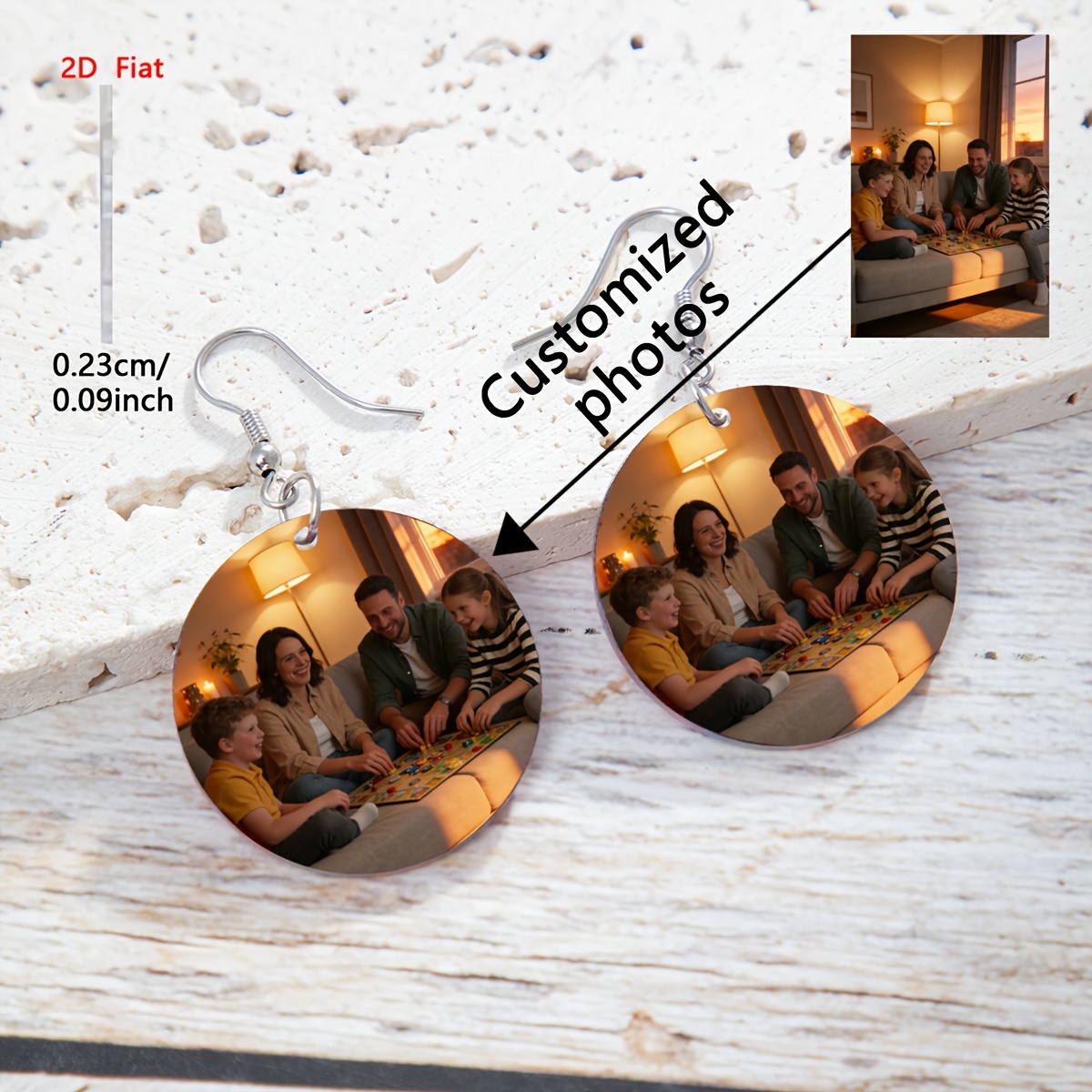TEMU 2d Flat, A Pair Of Custom Family Photo Acrylic Drop Earrings, Ultra-thin Transparent Custom Pattern Hook-style Earrings, Personalized Portrait