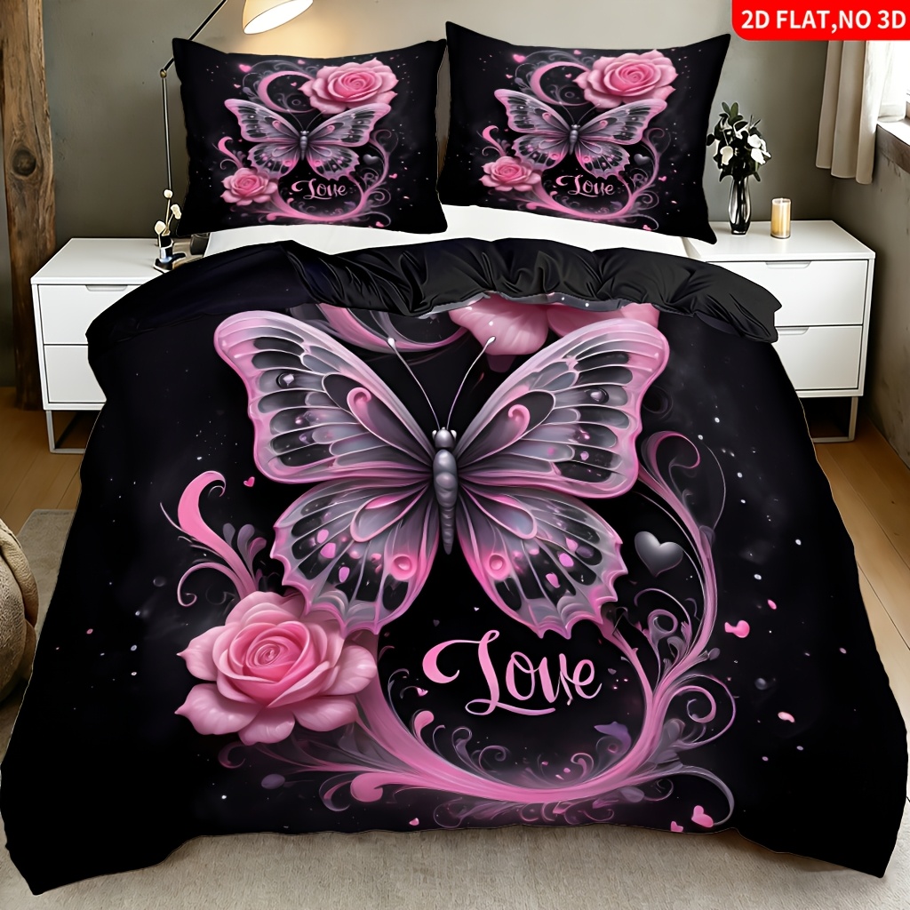 TEMU 2/3pcs Pink Rose Print Bedding, (1 Duvet Cover And 1/2 Pillowcases, No Filler), Queen/full Size/single Bed, Ideal For Family Use In Bedrooms,