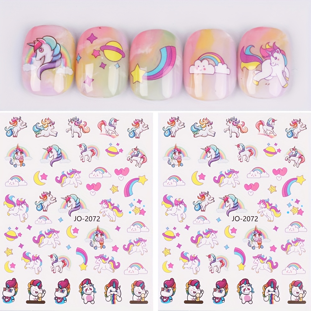 Image of 2pcs Cartoon Cute Rainbow Unicorn Nail Stickers Adhesive White Horse Moon Nail Decals For Diy Nail Designs Decoration Supplies