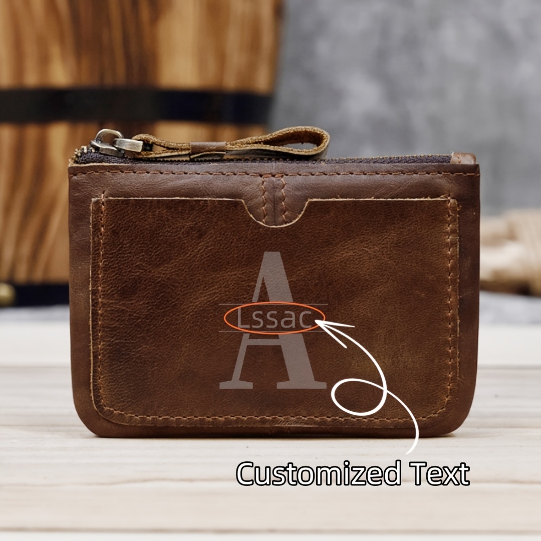 

1pc Men's Dark Brown Leather Genuine Leather Coin Purse, Customizable Name Card Holder, Cowhide Zippered Small Wallet, Perfect Gift For New Year, Valentine's Day, Day, And Father's Day.