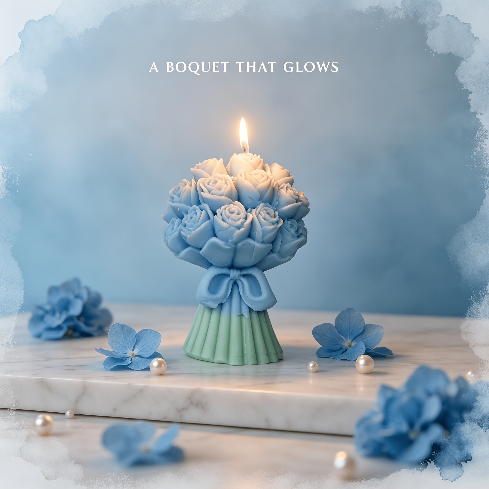 A Candle Shaped Like a Bouquet of Blue Roses, Scented with Bluebell, Featuring a Mint Green Base. This Hand-Poured Decorative Soy Wax Candle Is Perfect for a Bathroom Vanity, Shelf, Or As a Wedding Gift