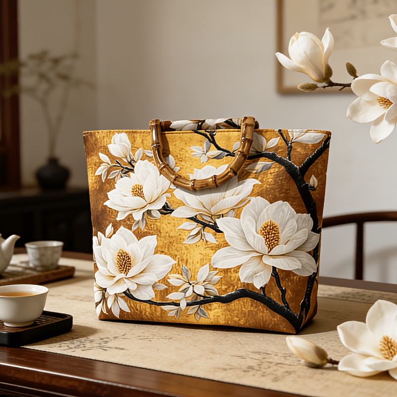 TEMU Borsa tote da donna vintage cinese di grande capacit� con pittura a olio di magnolia e in bamb羅 - Adatta per pendolarismo, shopping, viaggi -