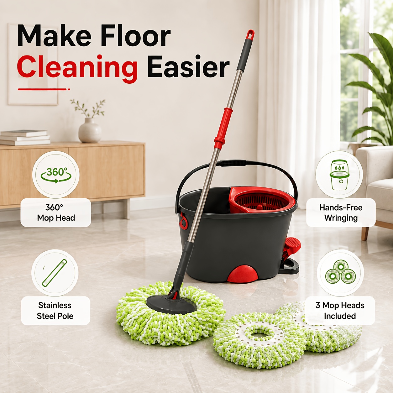 Image of Foot-operated Rotary Mop Bucket Set, With 3pcs Microfiber Mop Heads, Spin Dry, 360-degree Rotation, Suitable For Tile, Wood, And Marble Floors