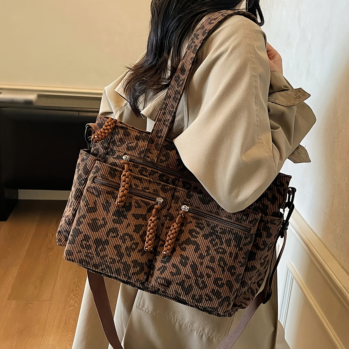 Image of Leopard Print Corduroy Tote Bag Large Capacity Multi-pocket Handbag With Adjustable Shoulder Strap Portable Crossbody Bag Winter Casual Commuting Daily Use