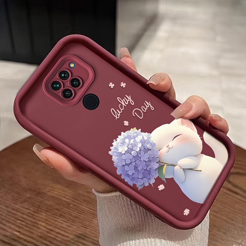 TEMU Fundas para Teléfono de Gato Lindo y Flores en Dibujos Animados para Redmi Note 9 - Carcasa Completa de TPU Antigolpes