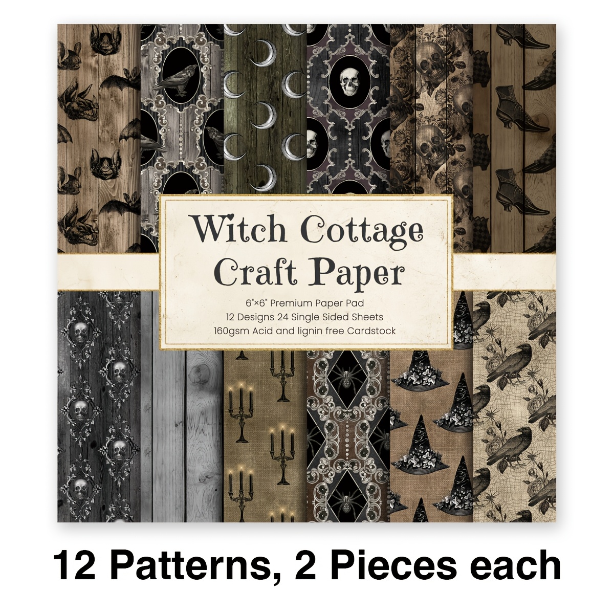 TEMU 12/24 Sheets 6' X 6' (15.24 Cm X 15.24 Cm) Witch's Cottage Gothic Vintage Seamless Background Cardstock - Horror-themed Craft Paper Featuring ,