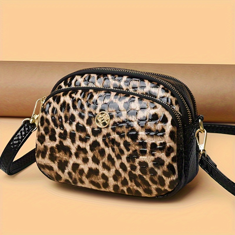 

Women's Mini Leopard Print Pu Shoulder Bag With Adjustable Strap, Lightweight Zippered Crossbody Pouch For Daily , Work, Travel - , Polyester Lined, Multi-compartment (black/golden/dark Brown)