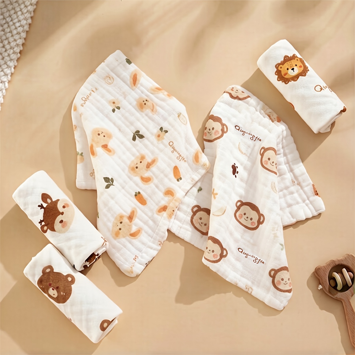 Image of 5pcs Cute Cartoon Animal Print Children's Bibs, Soft Baby Washcloths, Newborn Bath Towels, Essential Handkerchief Towels For Kids