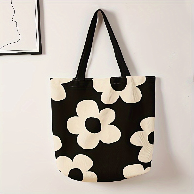 TEMU Chic Floral & Letter Print Tote Bag - Reusable, Multi-functional Canvas Handbag For Commute