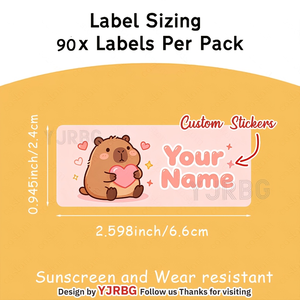 TEMU 90pcs Custom Personalized Name Stickers, Heart-shaped Capybara Gentle Name Label Stickers, Suitable For Personalized Tags On Notebooks, Water