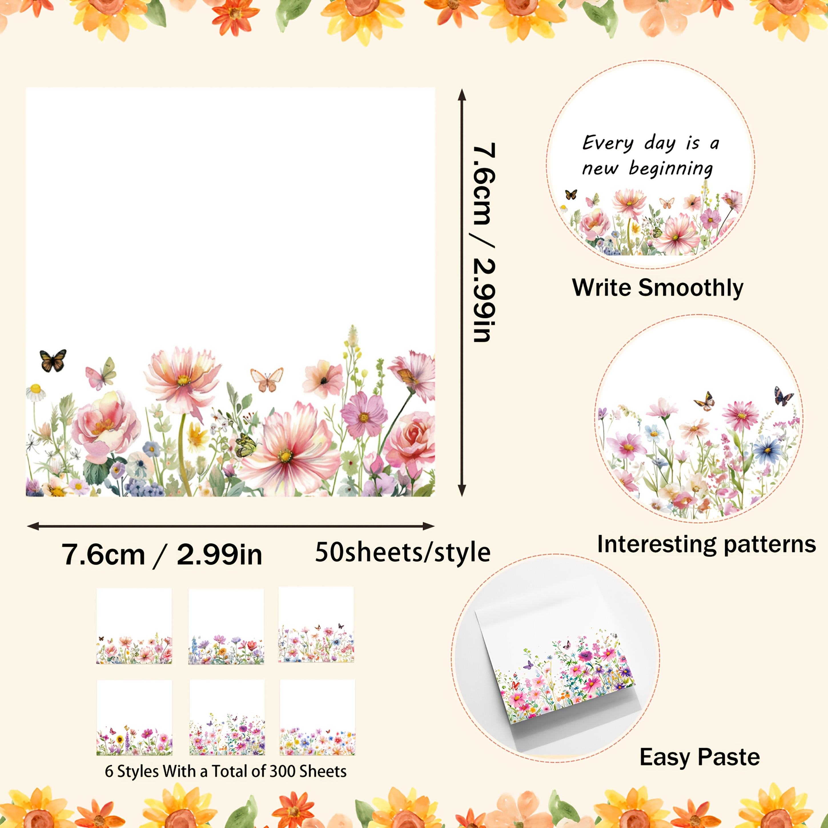 6 Pack Sticky Notes Spring Vintage Wild Floral Rectangle Self 300 Sheets Adhesive Notepad Removable Memo Pad For Office Supplies