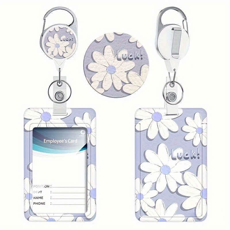 

New Daisy Pattern, Purple Flower - Front Badge Holder With Retractable Scroll Holder, Quote Card Name Tag Lanyard Vertical Id Card Holder For Office Workers Nurses Doctors Teachers Students