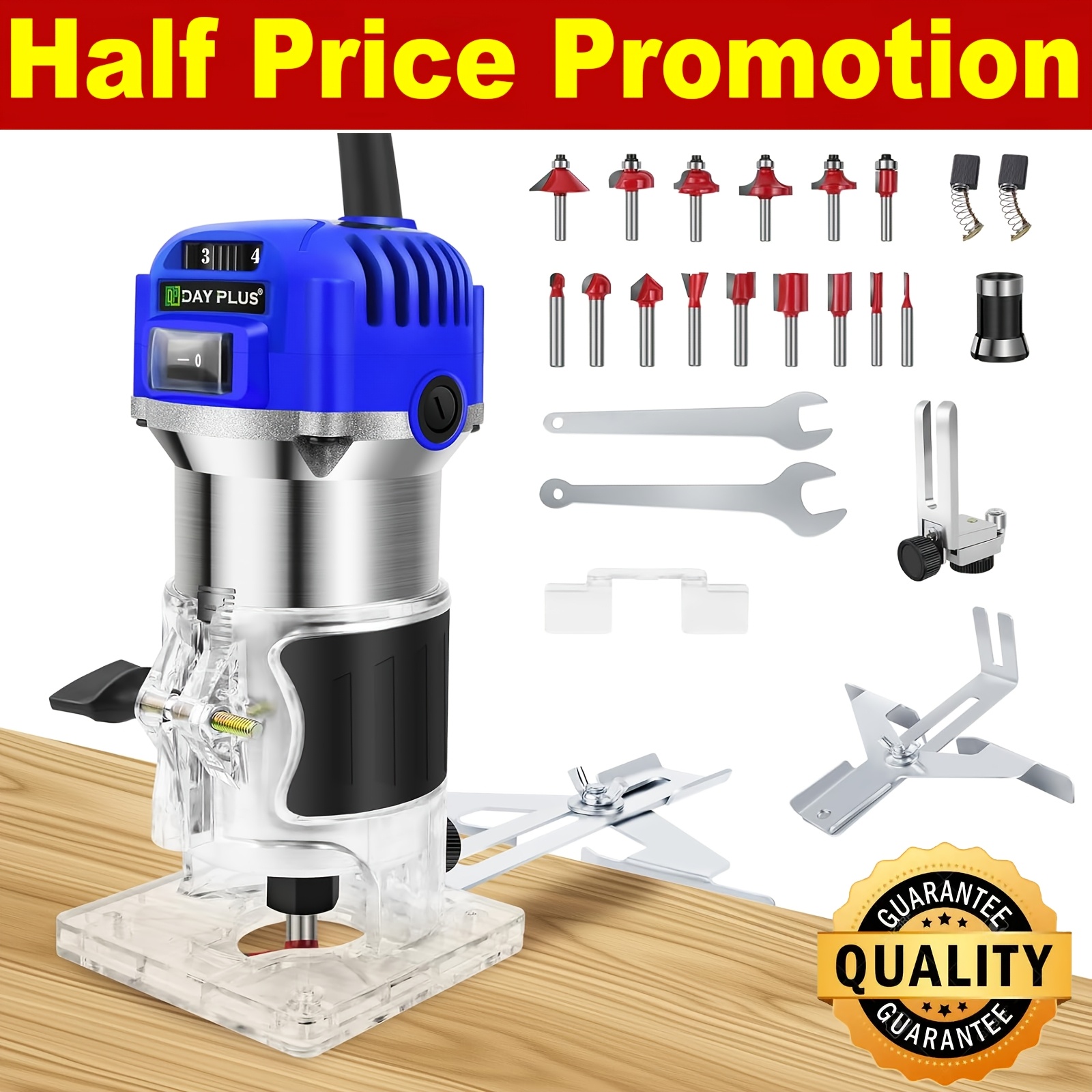 Palm Router Tool Electric Woodworking Hand Router With Trimmer Base & 15pcs 1/4"(6.) Router Bits Set Wood Trimmer Router 6 Variable Handheld Wood Trimmer Router With Straight Guide