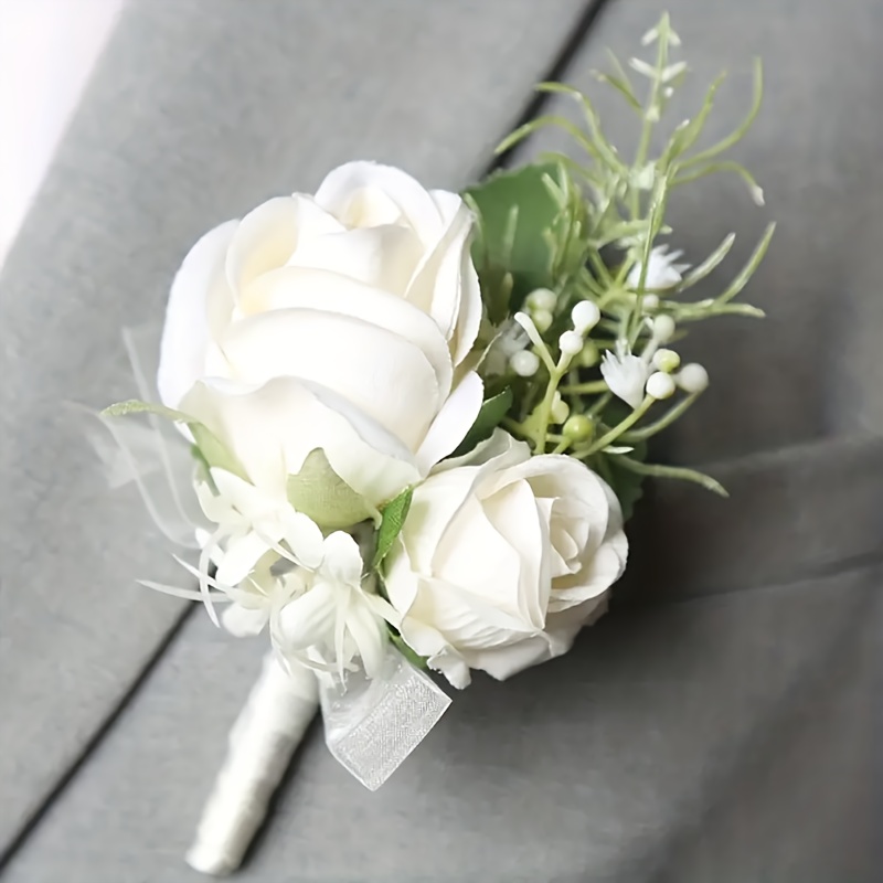 1pc, White Rose Flower Corsage, Perfect For Wedding, Banquet Simulation Flower Corsage Decoration, Wedding Decor