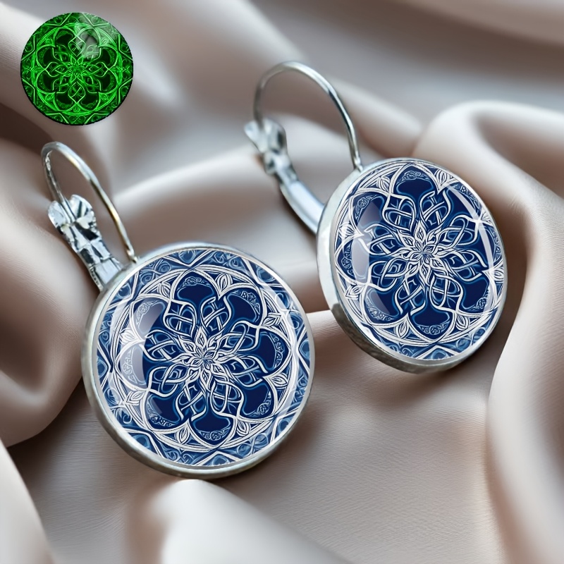 TEMU Blue And White Geometric Pattern Circular Earrings, Fluorescent And Luminous Style, Alloy Material, Glass , Fashionable Gift For Women,