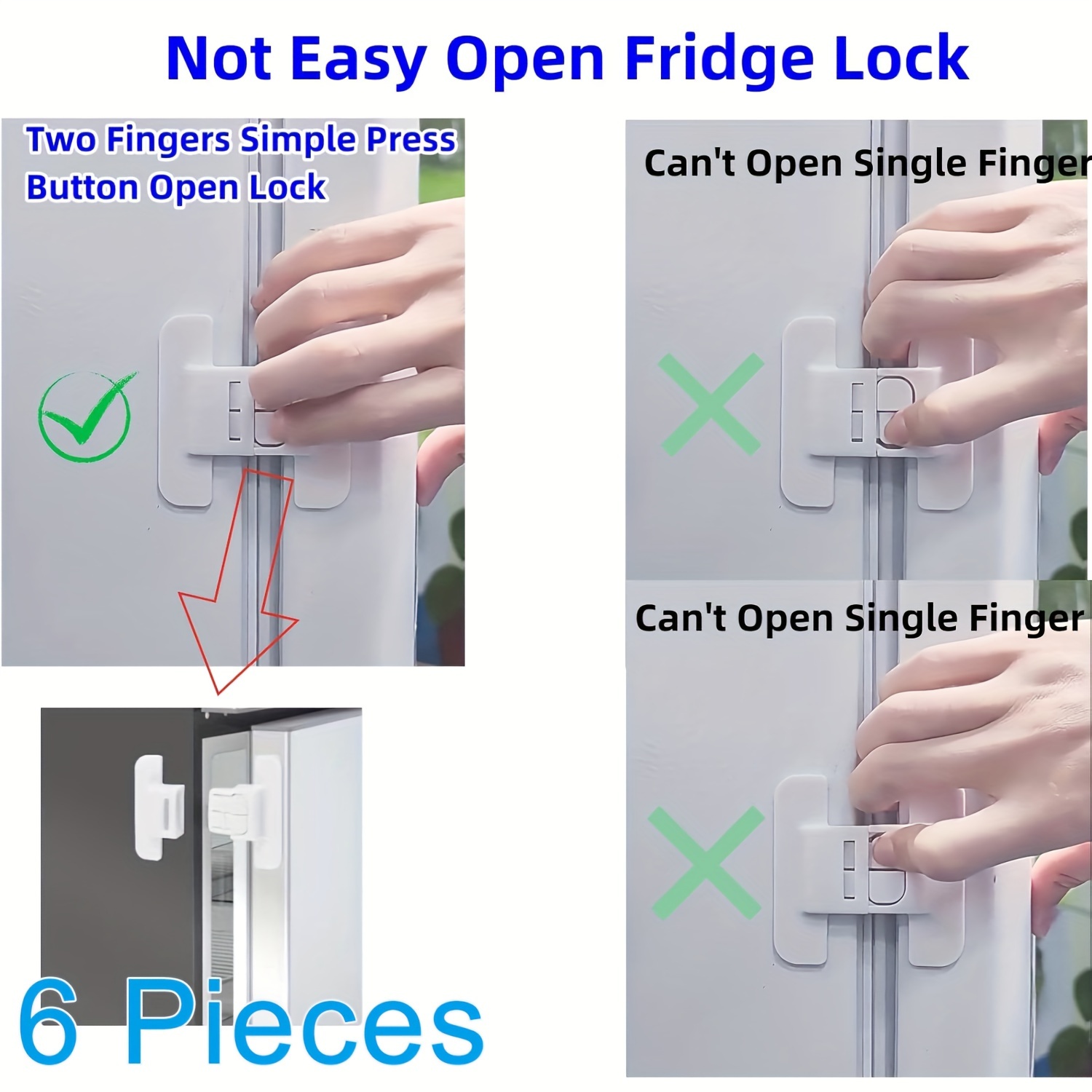 

6-pack Plastic Refrigerator Locks, Safety Cabinet Latches, Childproof Drawer & Appliance Securing Straps, Easy Press Button, No Electricity Or Battery Needed