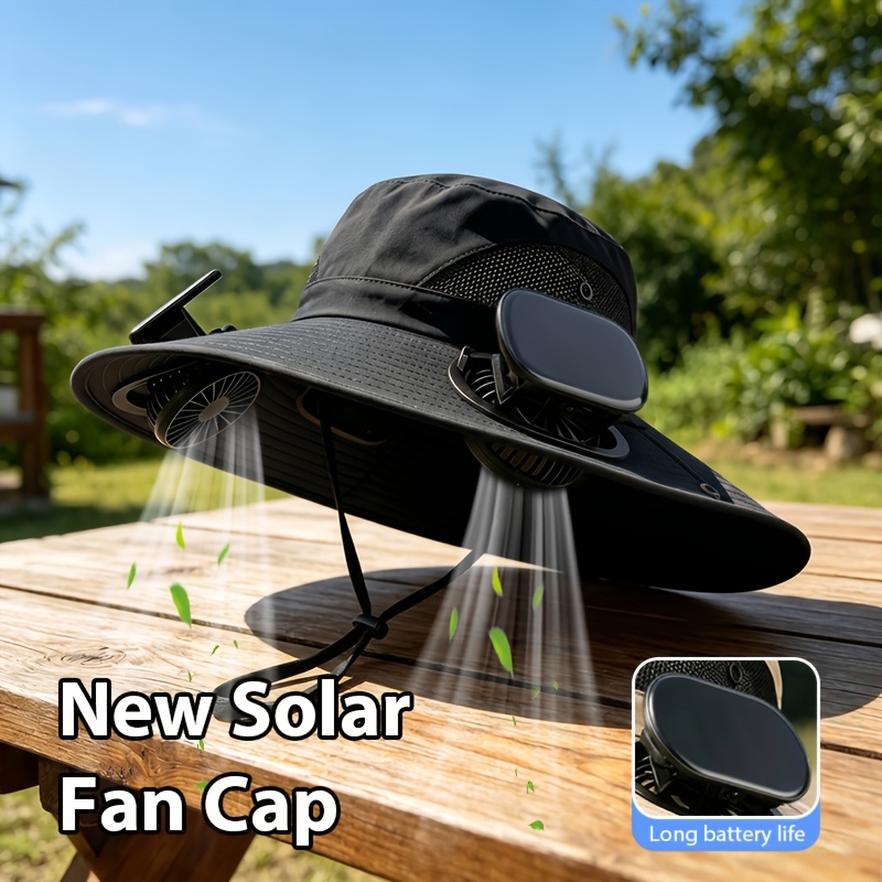 Image of Men's Wide-brimmed Solar Fan, Outdoor Fishing Hat, Including 2 Fans, Rechargeable, Large Brim, Cool And Breathable, Suitable For Occasions: Running, Camping, Fishing, Traveling